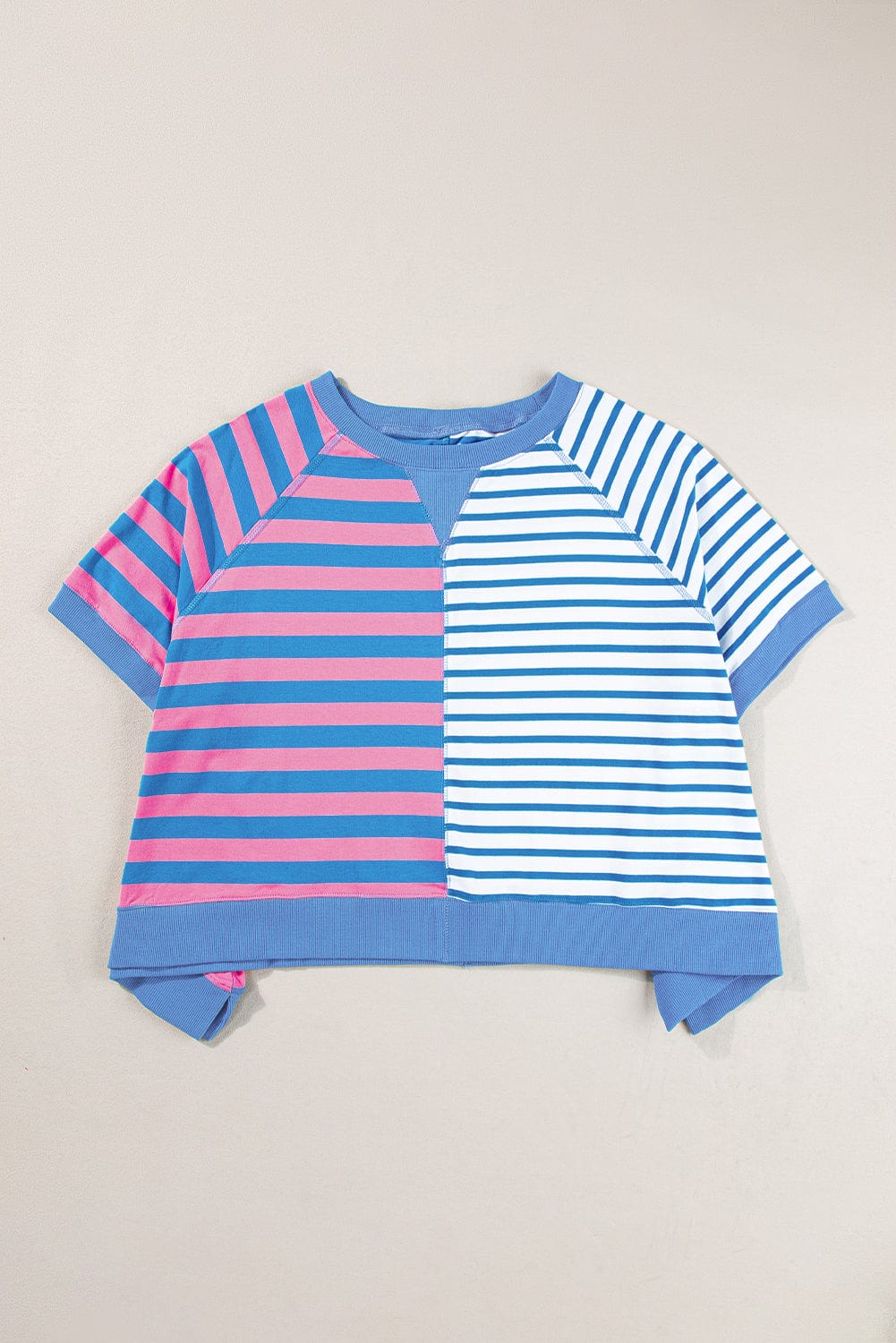 Blue Striped Oversized T Shirt with Color Block Contrast