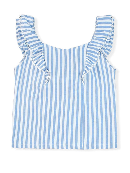 Blue Striped Tie-Back Ruffle Trim Sleeveless Tank Top