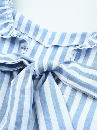 Blue Striped Tie-Back Ruffle Trim Sleeveless Tank Top