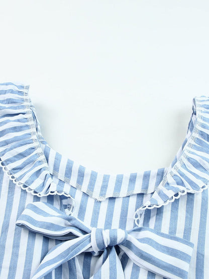 Blue Striped Tie-Back Ruffle Trim Sleeveless Tank Top