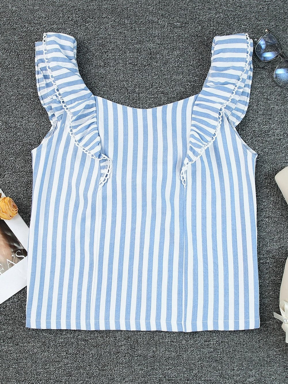 Blue Striped Tie-Back Ruffle Trim Sleeveless Tank Top