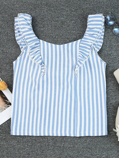 Blue Striped Tie-Back Ruffle Trim Sleeveless Tank Top