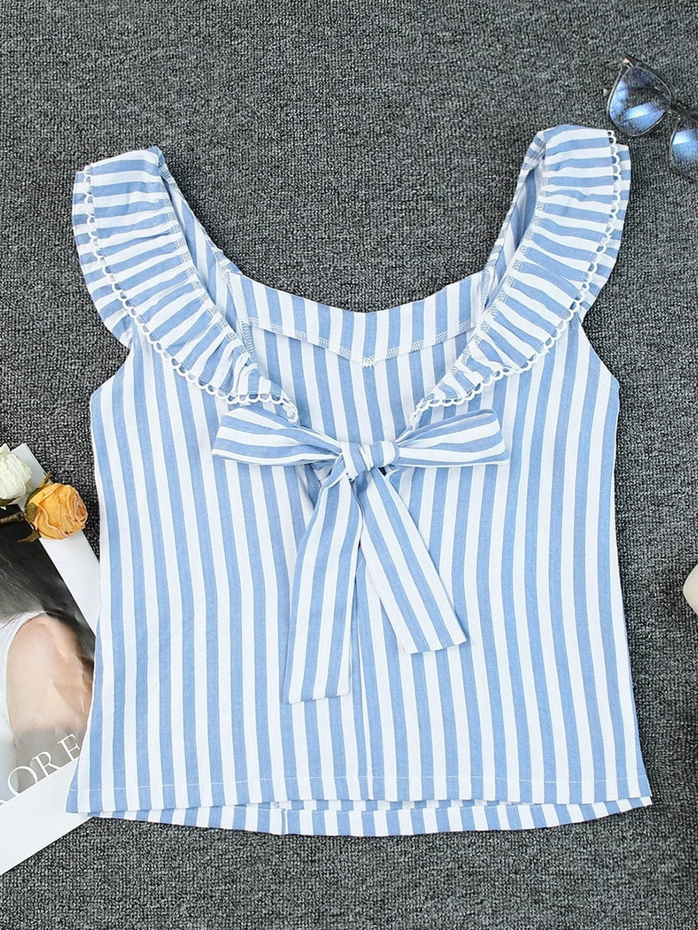 Blue Striped Tie-Back Ruffle Trim Sleeveless Tank Top