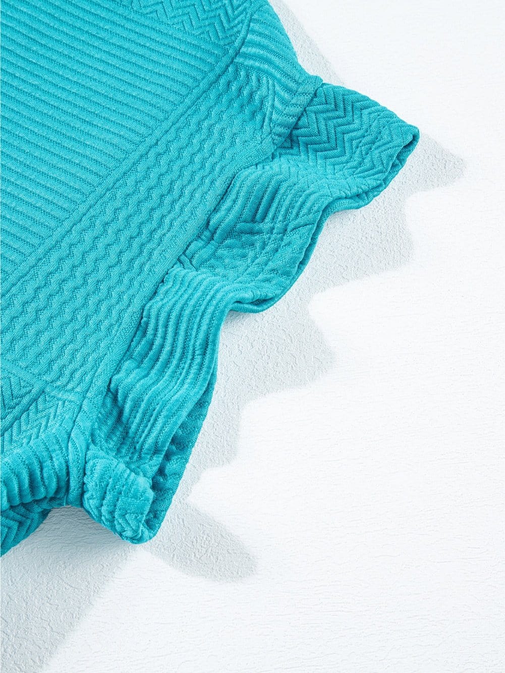 Blue Textured Ruffle Sleeve Two-Piece Set with Drawstring Shorts