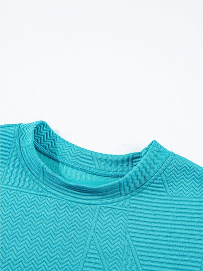 Blue Textured Ruffle Sleeve Two-Piece Set with Drawstring Shorts