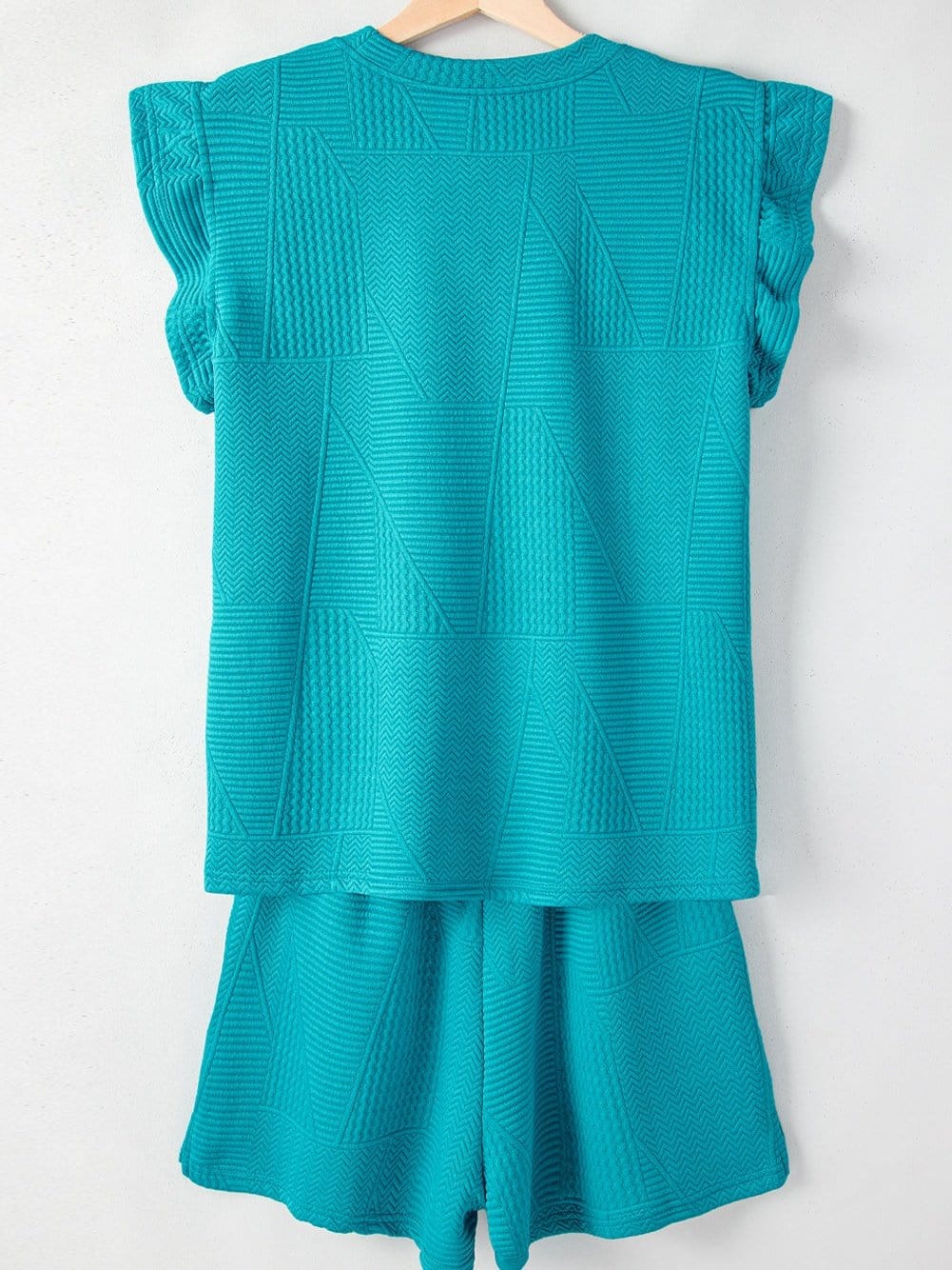 Blue Textured Ruffle Sleeve Two-Piece Set with Drawstring Shorts