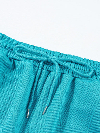 Blue Textured Ruffle Sleeve Two-Piece Set with Drawstring Shorts