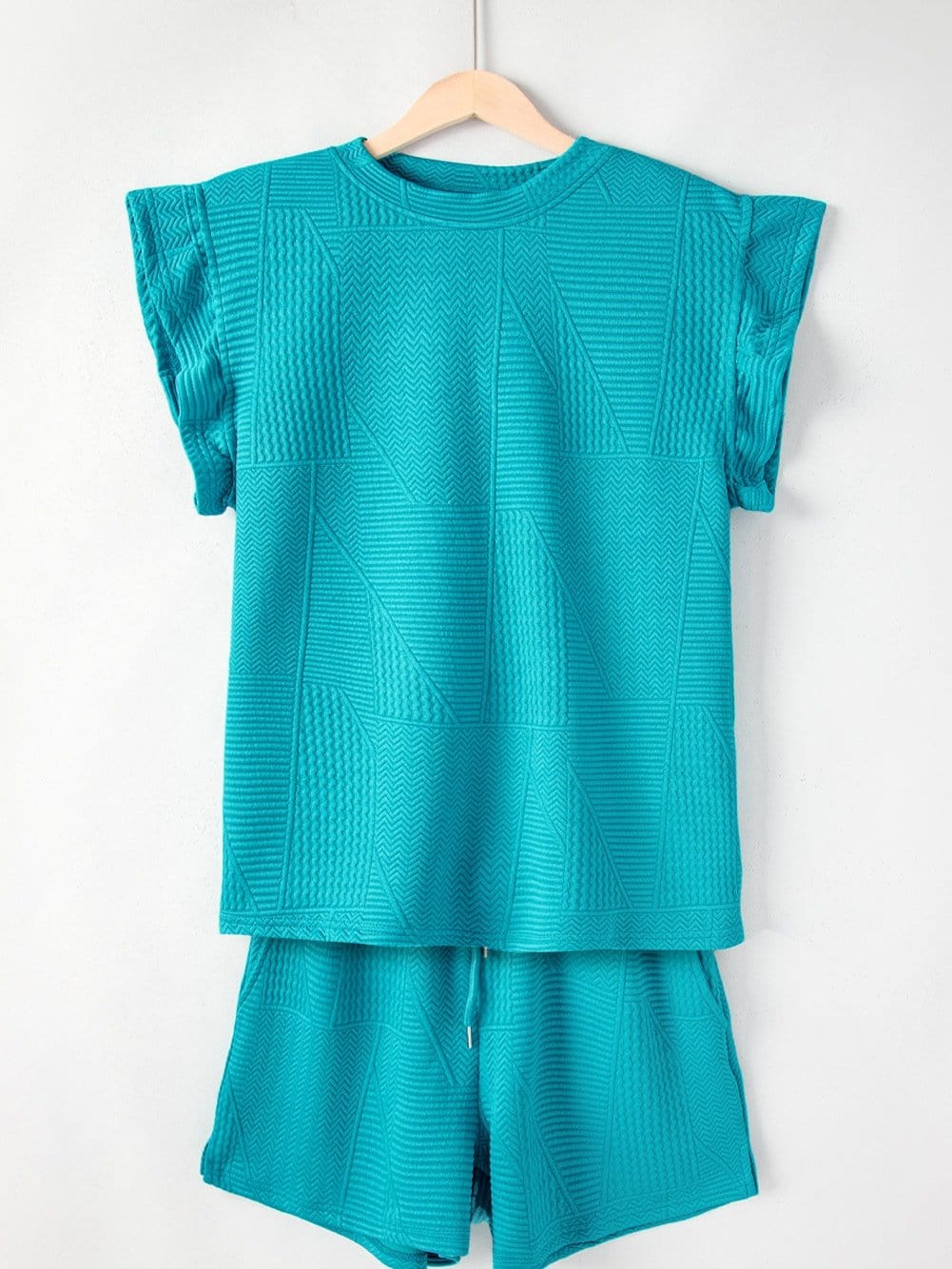 Blue Textured Ruffle Sleeve Two-Piece Set with Drawstring Shorts