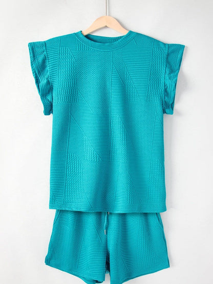 Blue Textured Ruffle Sleeve Two-Piece Set with Drawstring Shorts