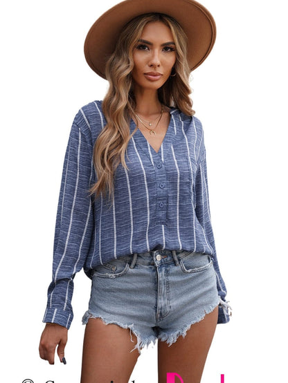 Blue V Neck Striped Long Sleeve Top with Pocket