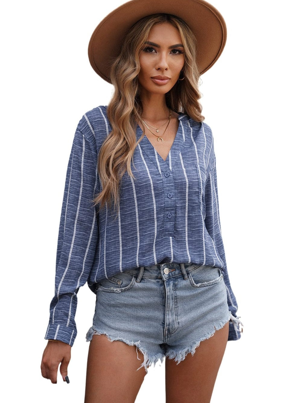 Blue V Neck Striped Long Sleeve Top with Pocket