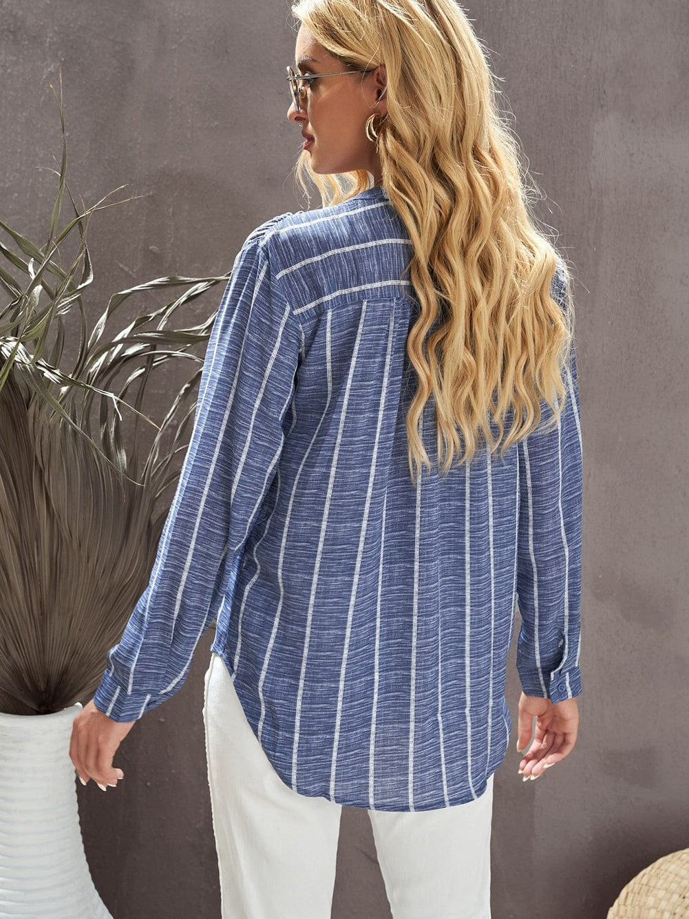 Blue V Neck Striped Long Sleeve Top with Pocket
