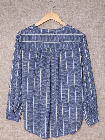 Blue V Neck Striped Long Sleeve Top with Pocket