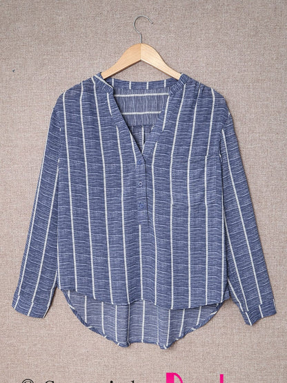 Blue V Neck Striped Long Sleeve Top with Pocket