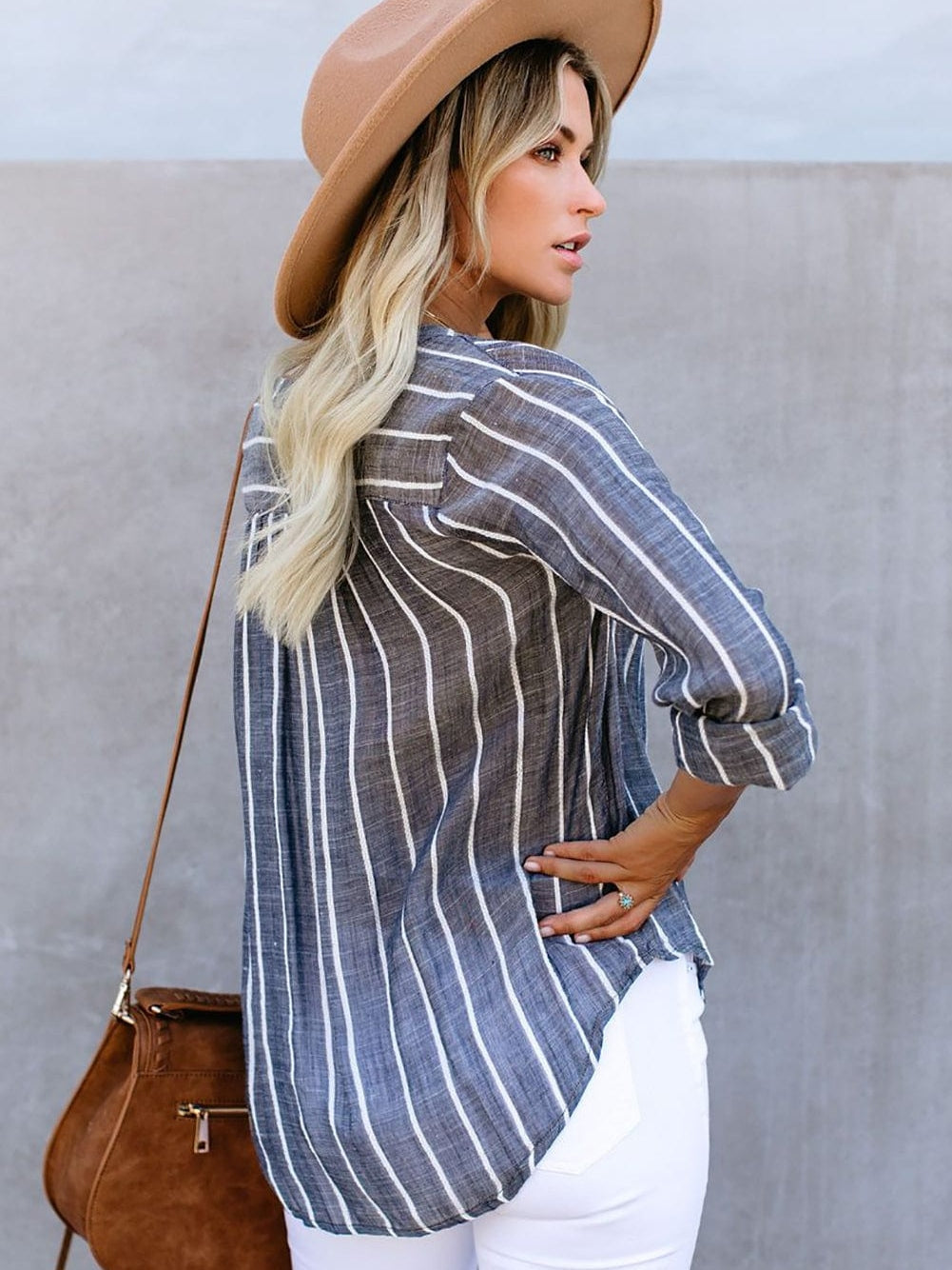 Blue V Neck Striped Long Sleeve Top with Pocket