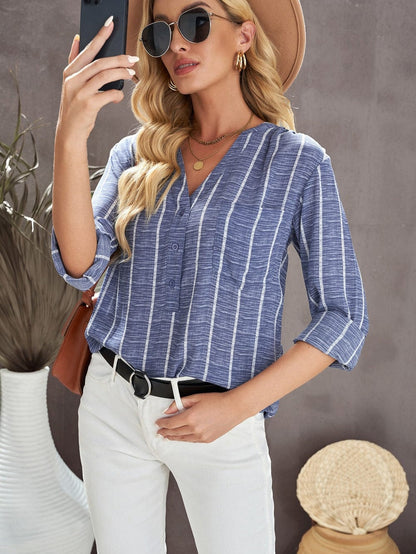Blue V Neck Striped Long Sleeve Top with Pocket