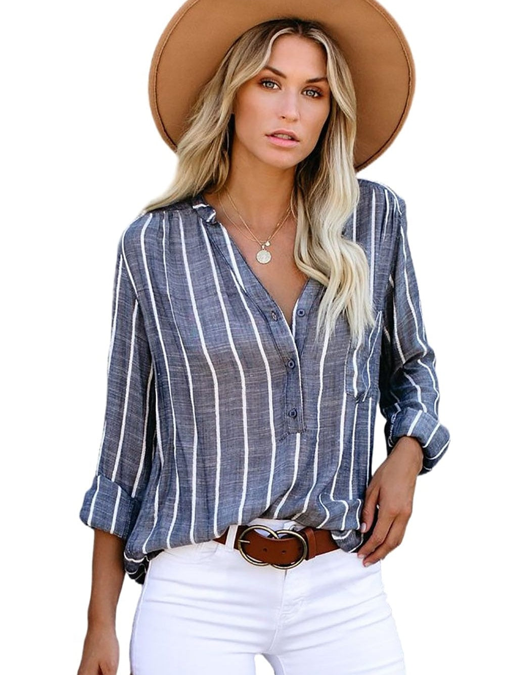 Blue V Neck Striped Long Sleeve Top with Pocket