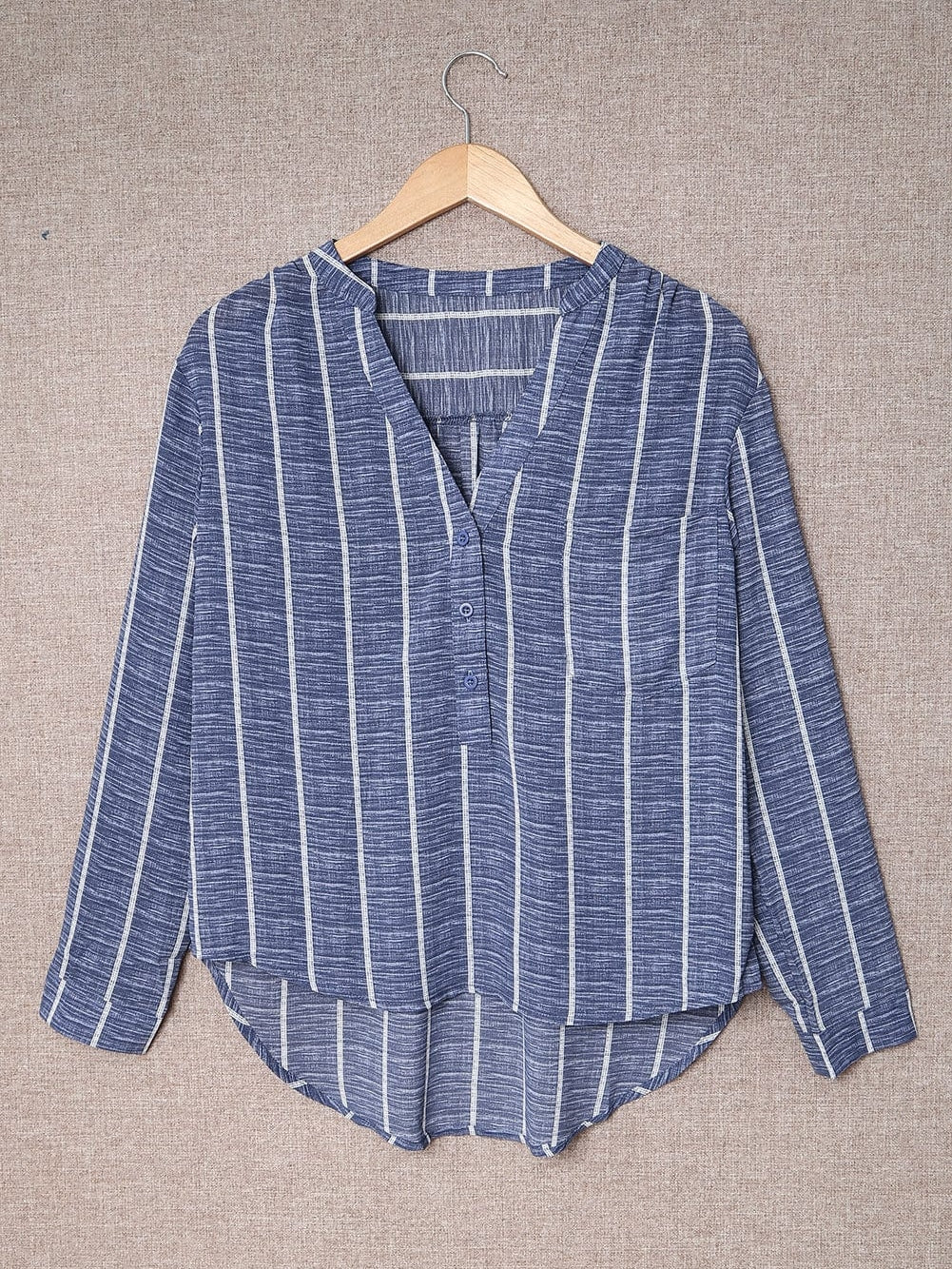 Blue V Neck Striped Long Sleeve Top with Pocket