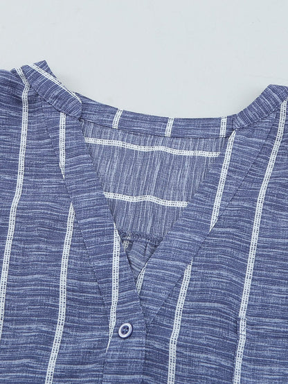 Blue V Neck Striped Long Sleeve Top with Pocket