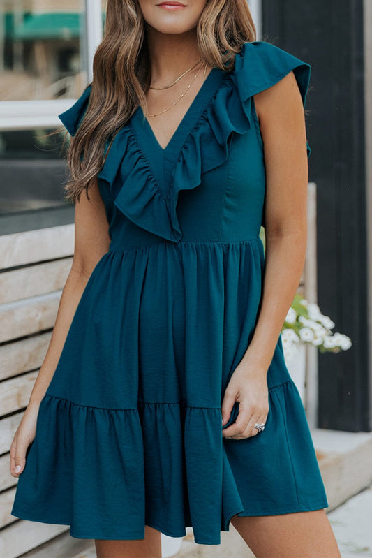 Blue V-Neck Tiered Ruffle Mini Dress with Smocked Back