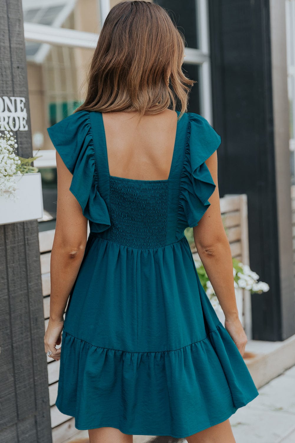 Blue V-Neck Tiered Ruffle Mini Dress with Smocked Back