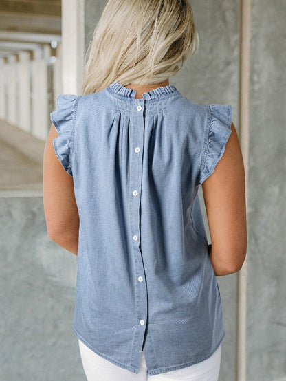 Blue Vintage Denim Tank Top with Frilly Pleats and Button Back