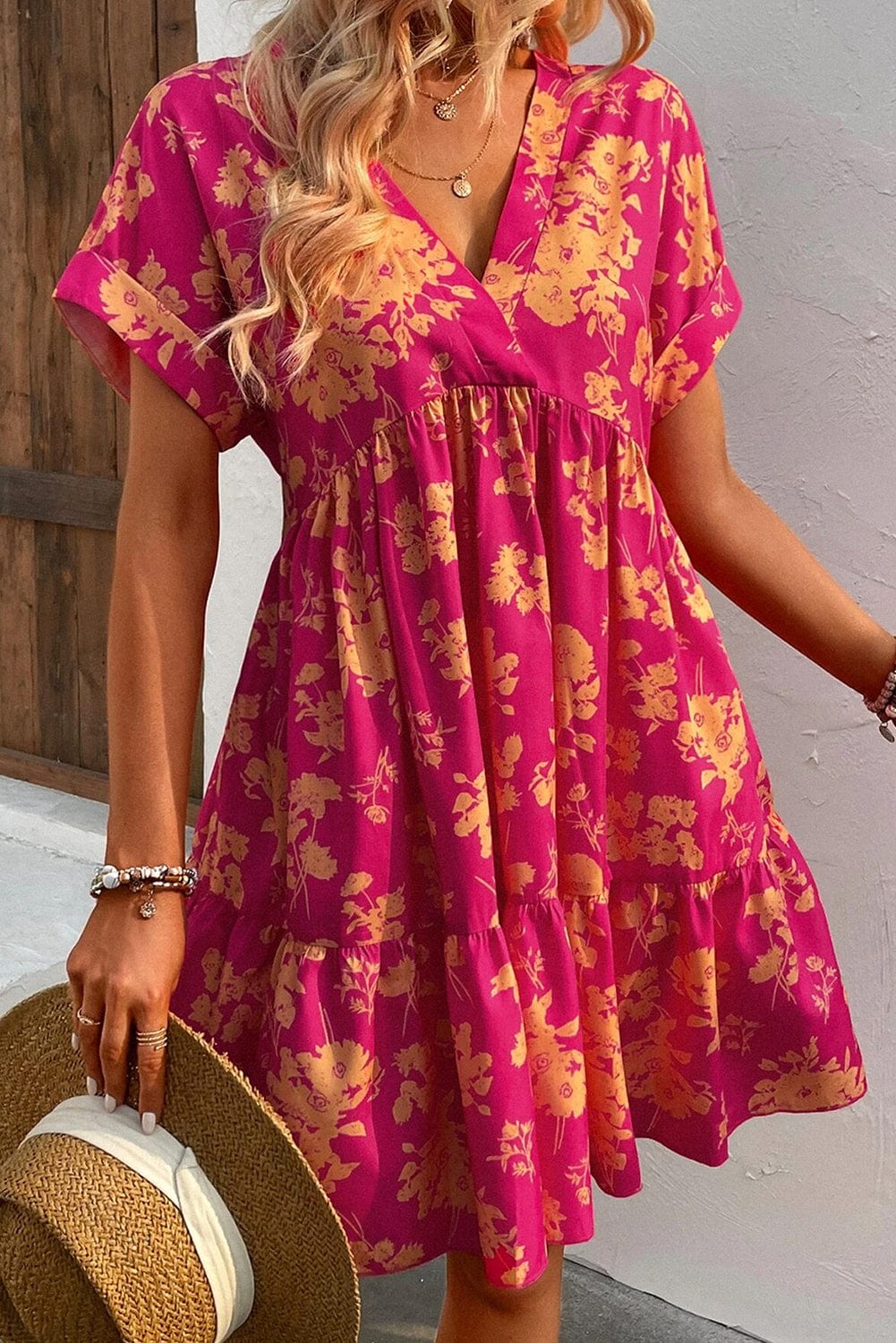 Blush Pink Empire Waist Floral Dress with Batwing Sleeves
