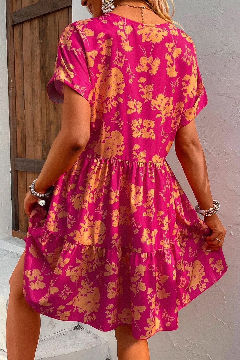 Blush Pink Empire Waist Floral Dress with Batwing Sleeves