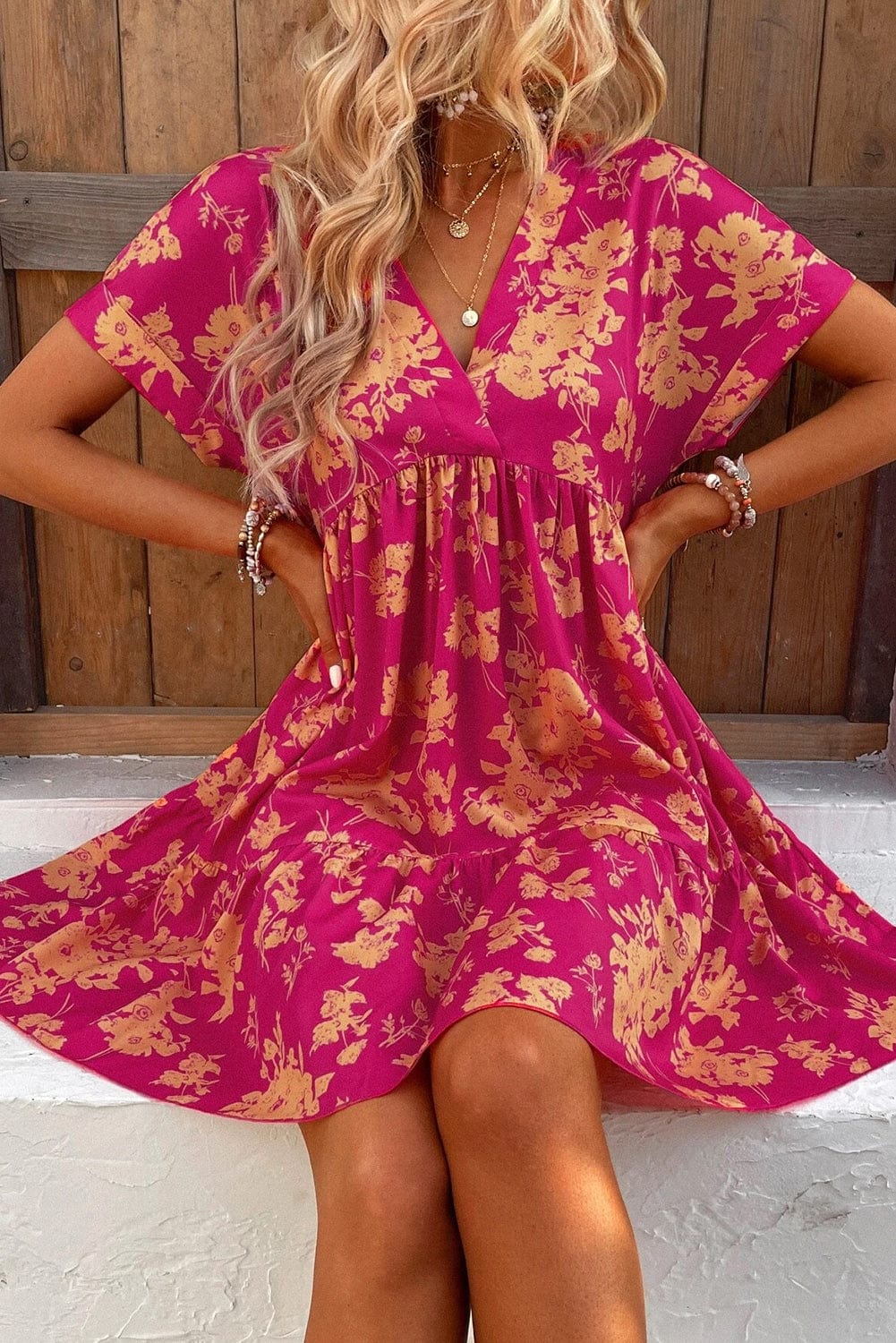 Blush Pink Empire Waist Floral Dress with Batwing Sleeves