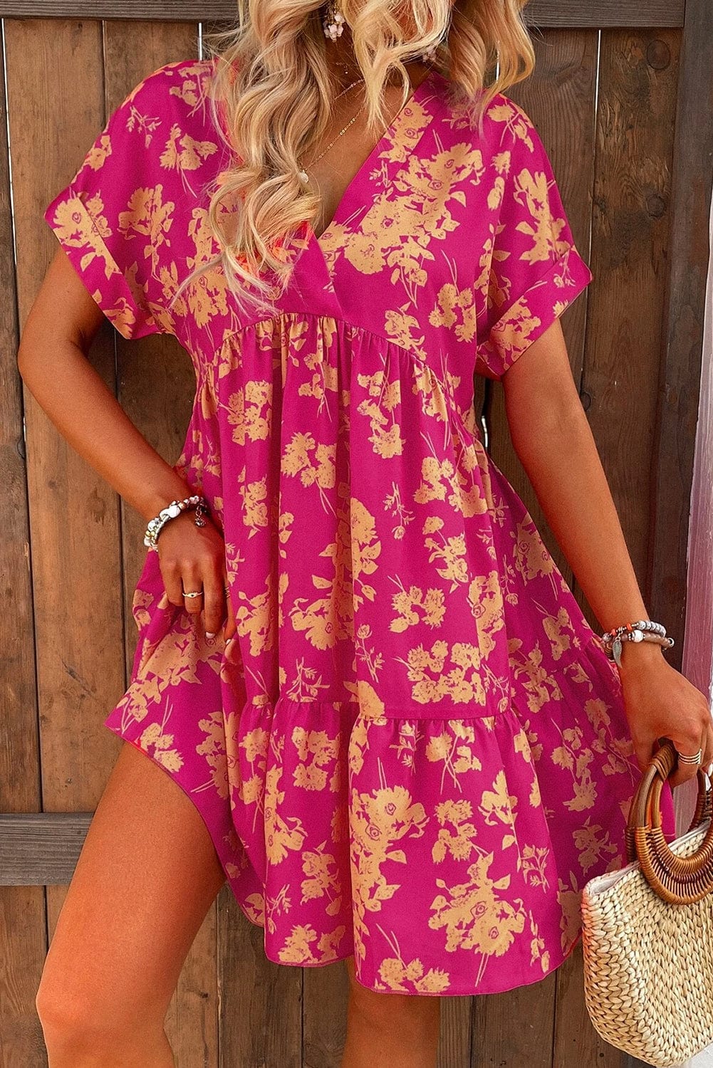 Blush Pink Empire Waist Floral Dress with Batwing Sleeves