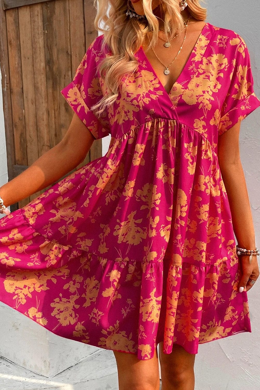 Blush Pink Empire Waist Floral Dress with Batwing Sleeves