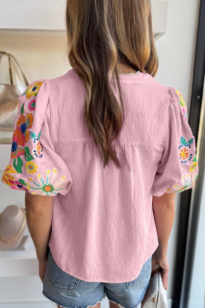 Blush Pink Floral Embroidered V-Neck Puff Sleeve Blouse