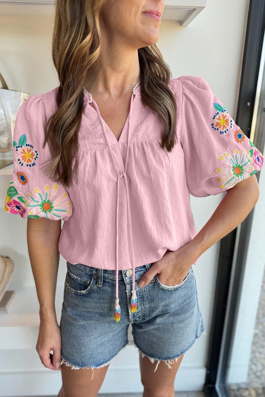 Blush Pink Floral Embroidered V-Neck Puff Sleeve Blouse