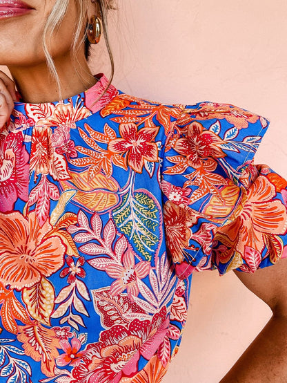 Blush Pink Floral Mock Neck Blouse with Ruffle Sleeves