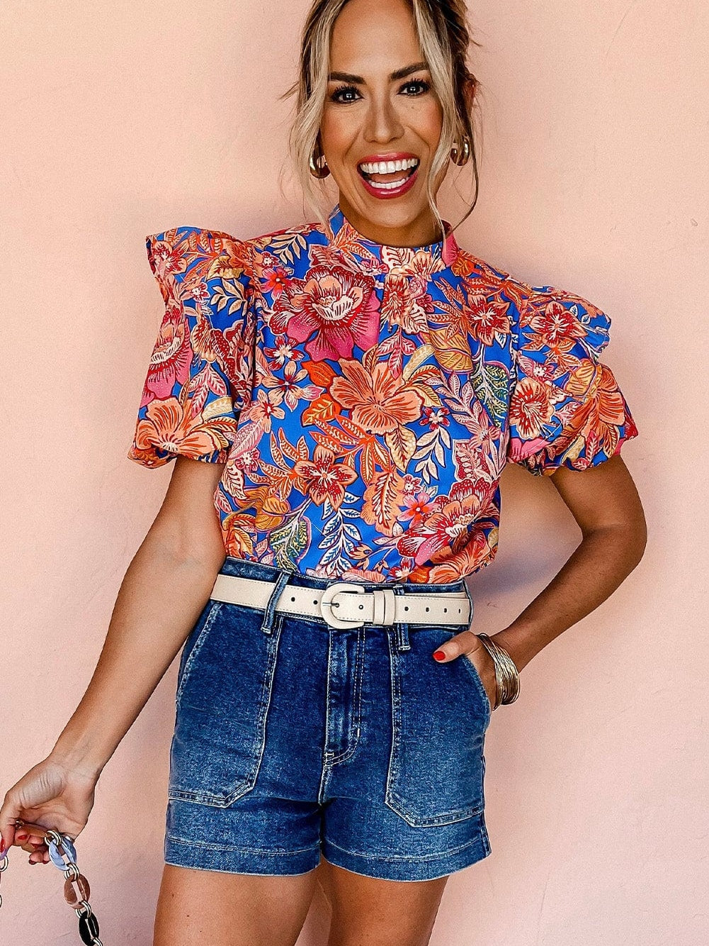 Blush Pink Floral Mock Neck Blouse with Ruffle Sleeves