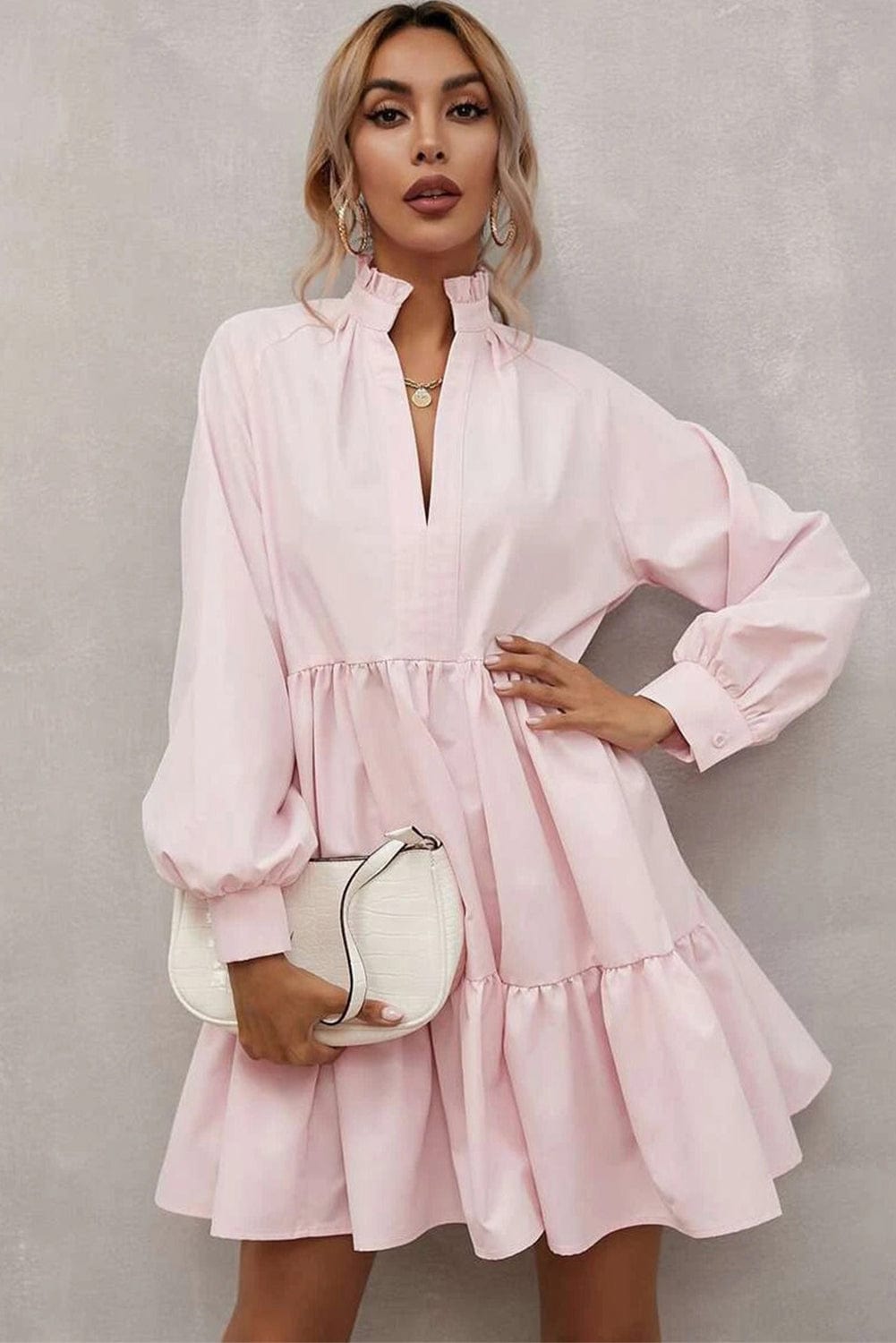 Blush Pink Ruffle Collar A-Line Mini Dress