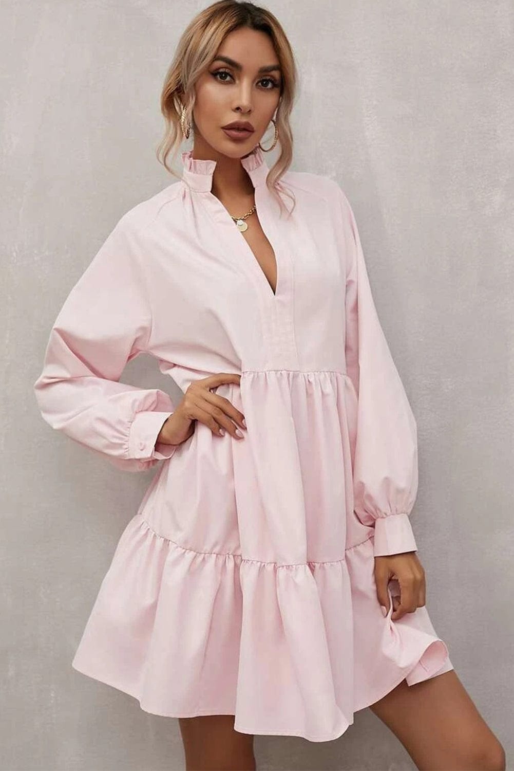 Blush Pink Ruffle Collar A-Line Mini Dress