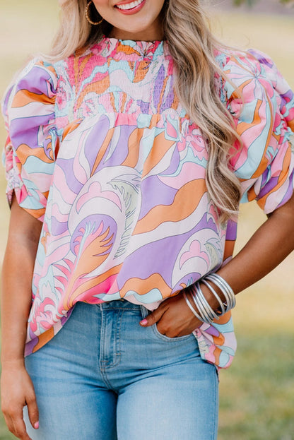 Blush Pink Smocked Bubble Sleeve Abstract Print Blouse