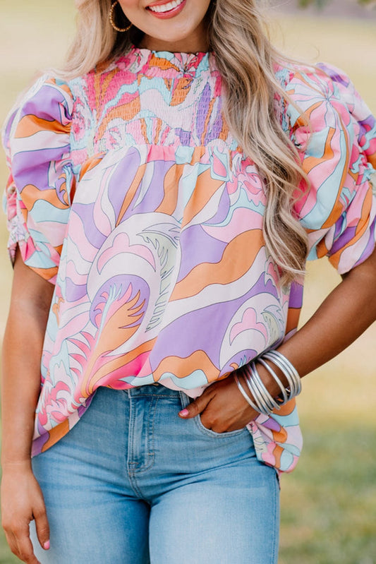 Blush Pink Smocked Bubble Sleeve Abstract Print Blouse