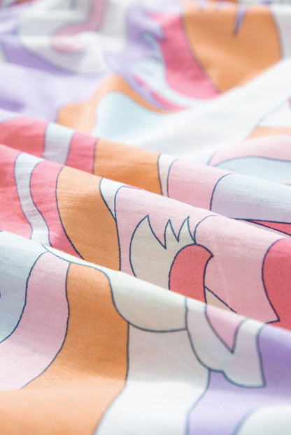 Blush Pink Smocked Bubble Sleeve Abstract Print Blouse