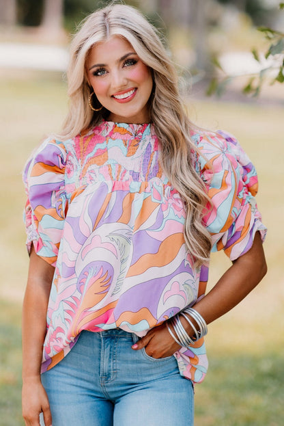 Blush Pink Smocked Bubble Sleeve Abstract Print Blouse