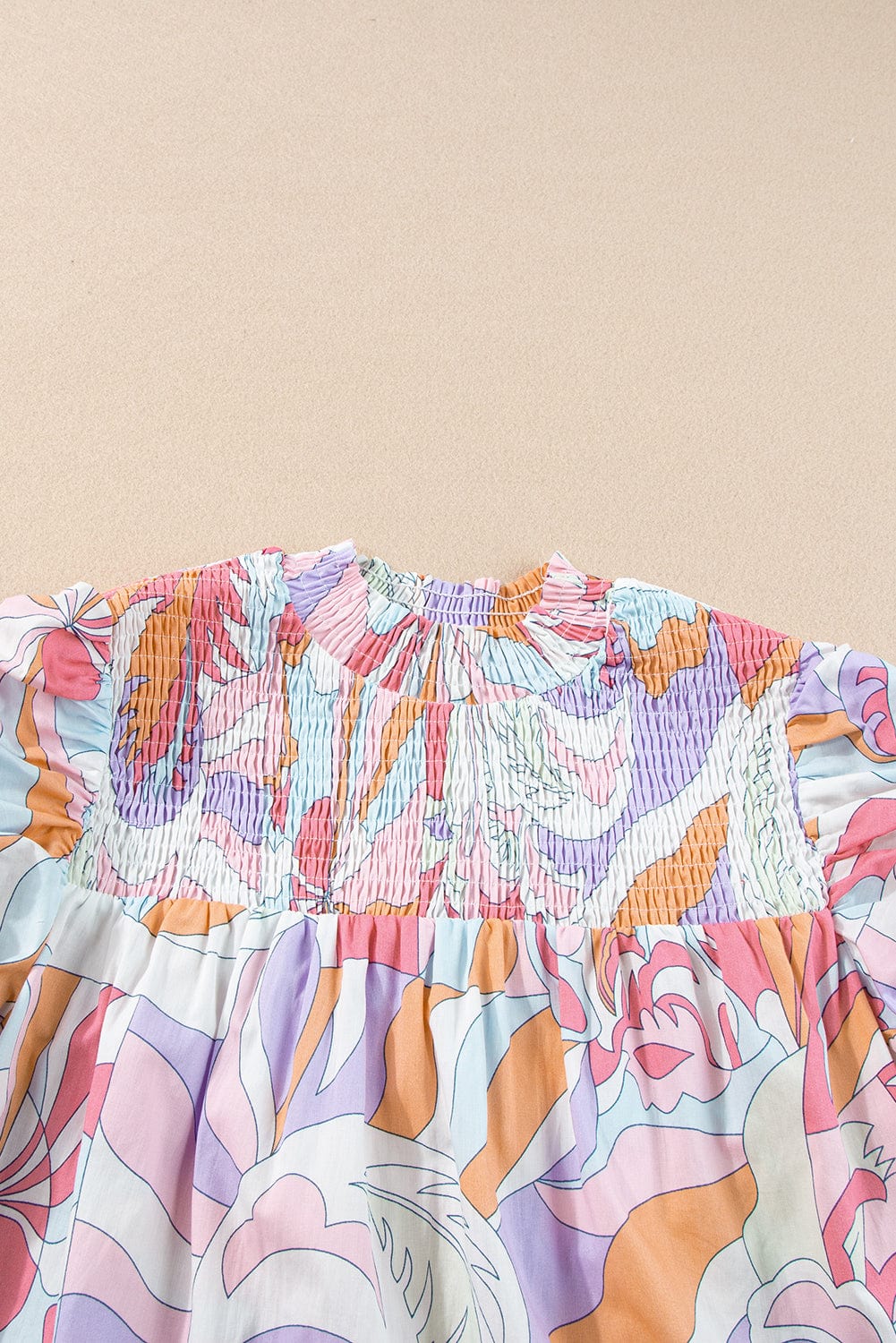 Blush Pink Smocked Bubble Sleeve Abstract Print Blouse