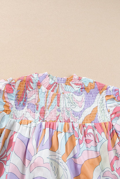 Blush Pink Smocked Bubble Sleeve Abstract Print Blouse