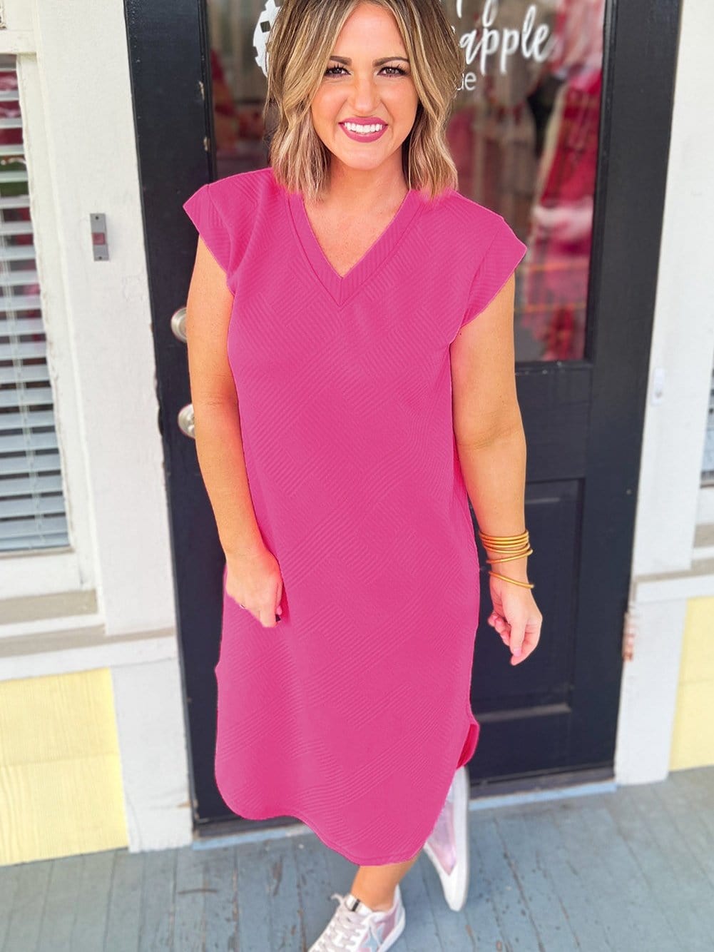 Blush Pink Textured V Neck Shift Midi Dress with Pockets