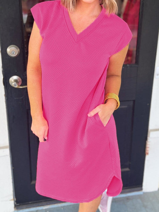 Blush Pink Textured V Neck Shift Midi Dress with Pockets