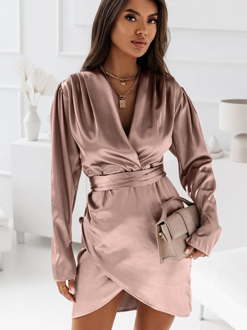 Blush Satin V-neck Mini Dress with Ruched Detail