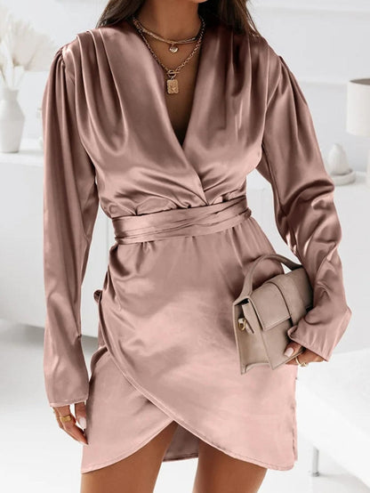 Blush Satin V-neck Mini Dress with Ruched Detail