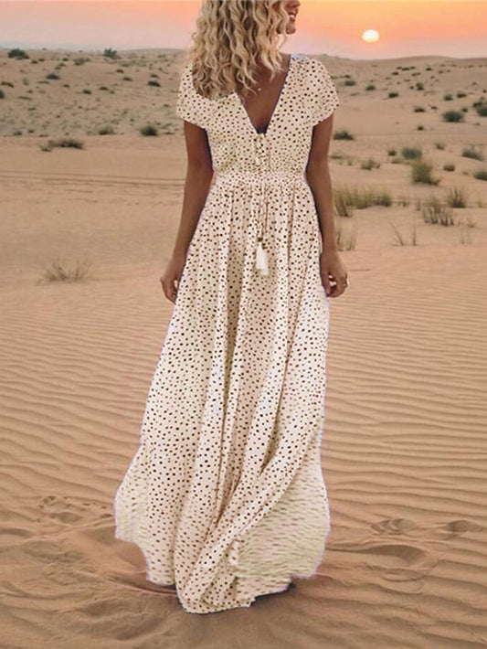 Women's Dress - Casual Dress Swing Dress Boho Dress Long Dress Maxi Dress Light Blue Creamy-white Pink Short Sleeve Polka Dot Print Spring Summer V Neck Slim 2023 S M L XL XXL XXXL