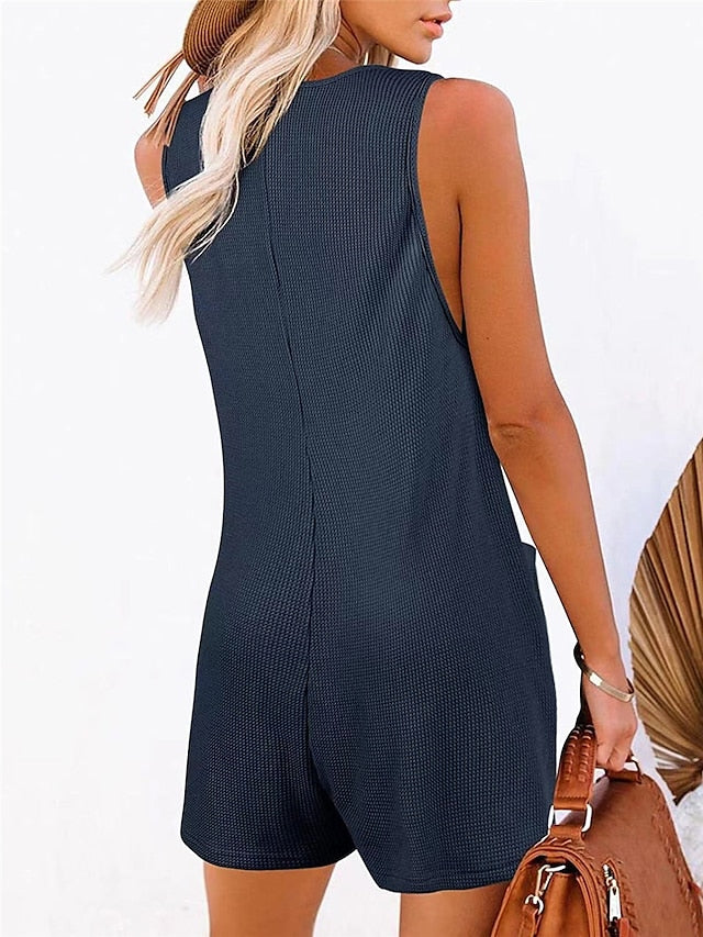 Jumpsuits for Women Summer Overall Button Pocket Solid Color U Neck Basic Daily Vacation Regular Fit Sleeveless Black Pink Wine S M L Spring - LuckyFash™