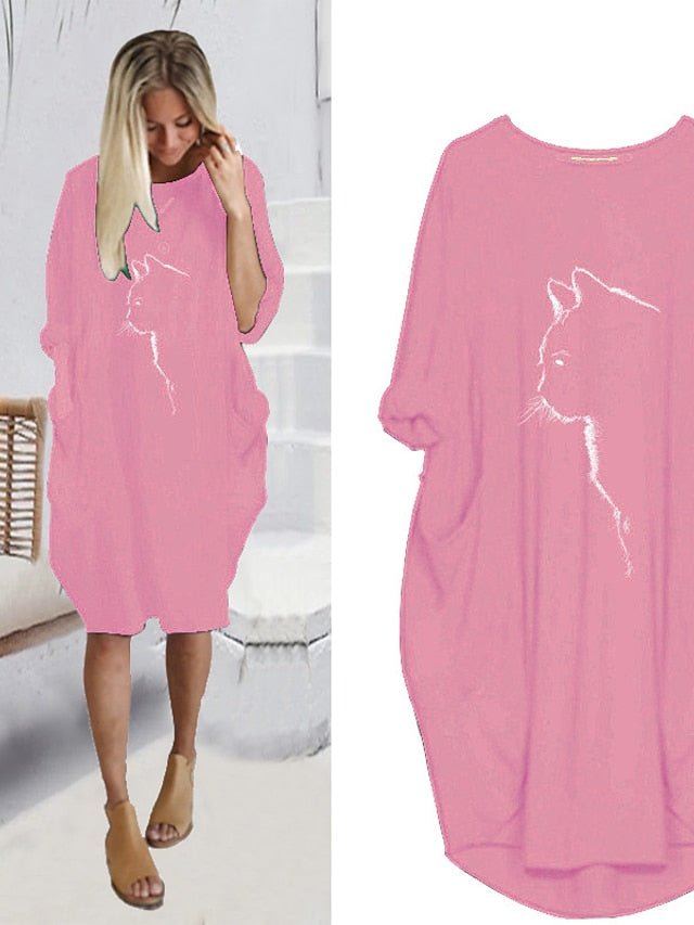 Women's Dress - T Shirt Dress Tee Dress Midi Dress Black Yellow Fuchsia Long Sleeve Print Print Summer Spring Crew Neck Casual Winter Dress Fall Dress Loose Fit 2023 S M L XL XXL 3XL 4XL 5XL